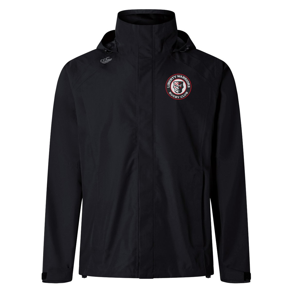 Introducing the Liberty Lake Warriors Elite Storm Jacket by Canterbury. This black waterproof jacket from EMB Canterbury features a hood and an embroidered circular logo on the left chest. It is engineered with Vaposhield performance technology for enhanced breathability, ensuring comfort in any weather condition.