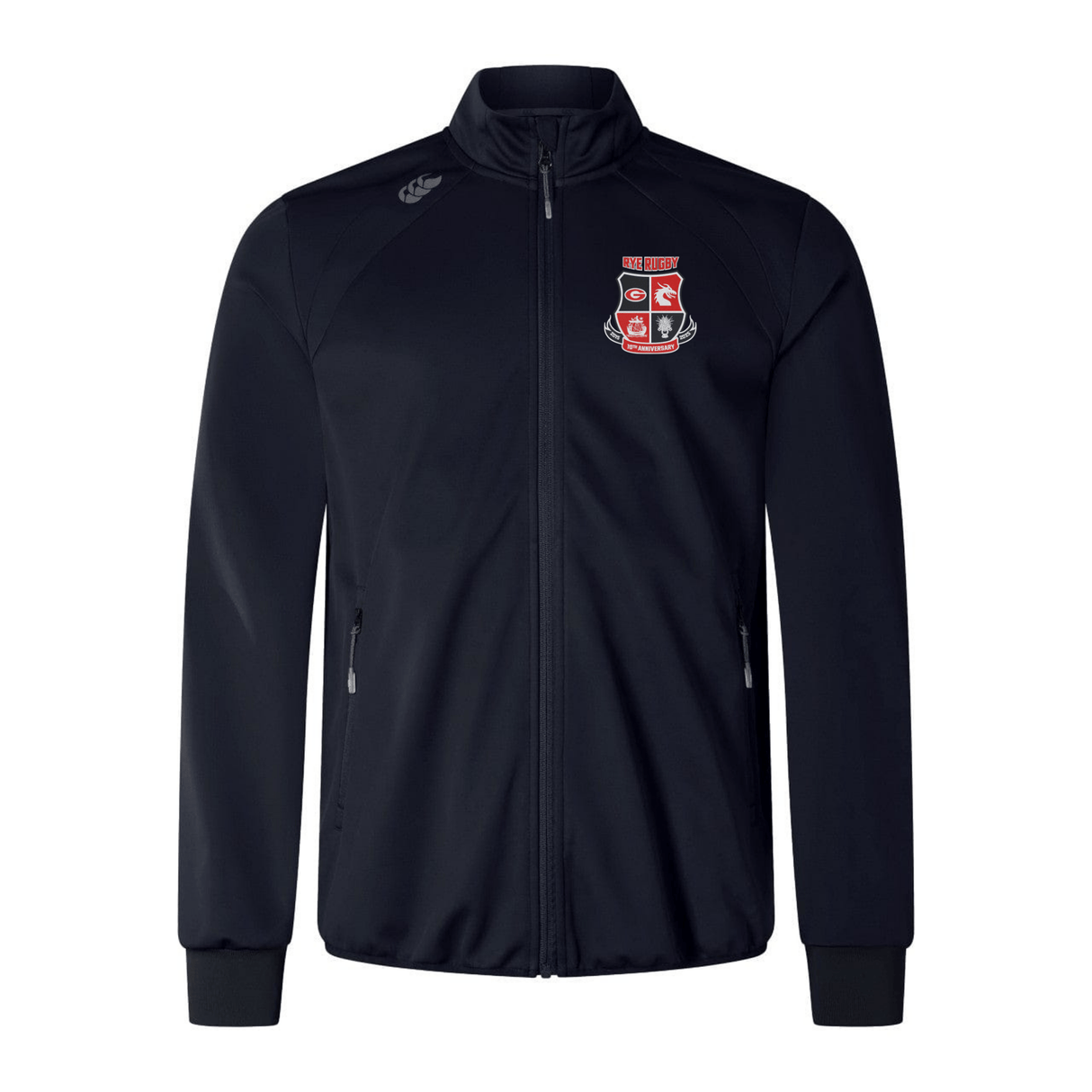 The Rye High School 10 Year Elite Windstopper Jacket by EMB Canterbury features a weatherproof softshell design with an embroidered crest of a red shield and white details on the left chest, crafted with lower impact materials.