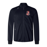 The Rye High School 10 Year Elite Windstopper Jacket by EMB Canterbury features a weatherproof softshell design with an embroidered crest of a red shield and white details on the left chest, crafted with lower impact materials.