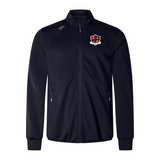 The Southern Pines Youth Rugby Elite Windstopper Jacket by EMB Canterbury is a black zip-up with a collar, featuring a small chest logo and zippered pockets.