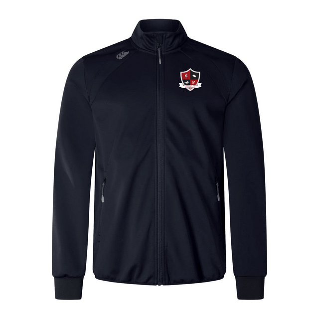 The Southern Pines Youth Rugby Elite Windstopper Jacket by EMB Canterbury is a black zip-up with a collar, featuring a small chest logo and zippered pockets.