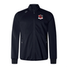 The Southern Pines Youth Rugby Elite Windstopper Jacket by EMB Canterbury is a black zip-up with a collar, featuring a small chest logo and zippered pockets.