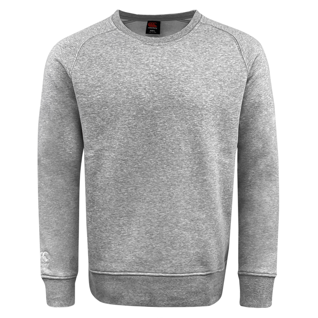 Embroidered Canterbury logo gray sweatshirt on a white background.