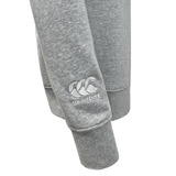 Close-up of grey Canterbury Club Crew Sweatshirt with CCC logo embroidered on the leg.