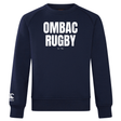 The OMBAC Rugby Club Crew Sweatshirt by WRS Canterbury is an ultra-soft navy blue garment featuring "OMBAC RUGBY Est 1966" printed in white on the chest and an embroidered CCC logo on the left sleeve, offering both style and comfort.