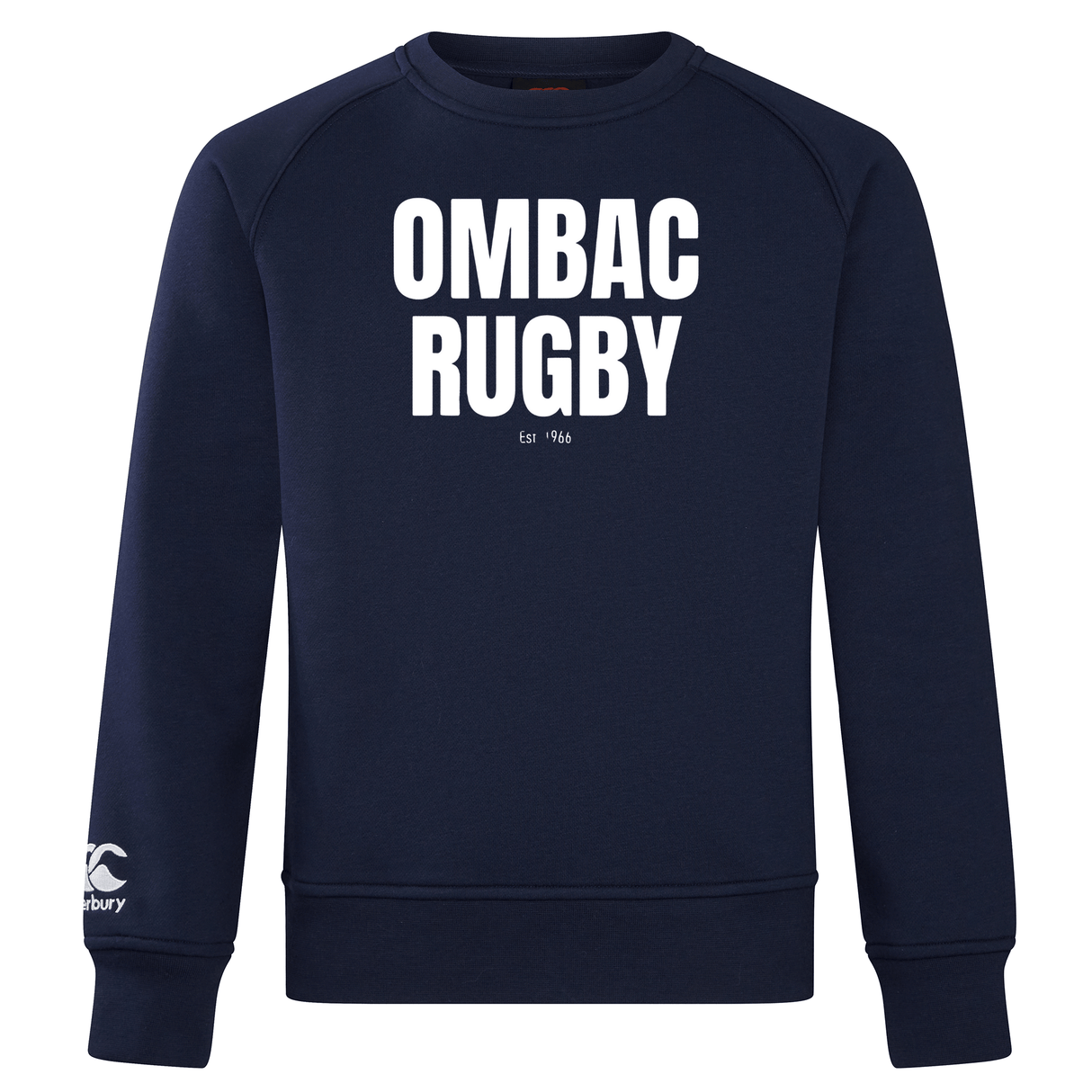 The OMBAC Rugby Club Crew Sweatshirt by WRS Canterbury is an ultra-soft navy blue garment featuring "OMBAC RUGBY Est 1966" printed in white on the chest and an embroidered CCC logo on the left sleeve, offering both style and comfort.