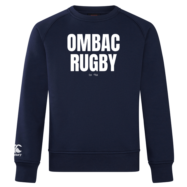 The OMBAC Rugby Club Crew Sweatshirt by WRS Canterbury is an ultra-soft navy blue garment featuring "OMBAC RUGBY Est 1966" printed in white on the chest and an embroidered CCC logo on the left sleeve, offering both style and comfort.