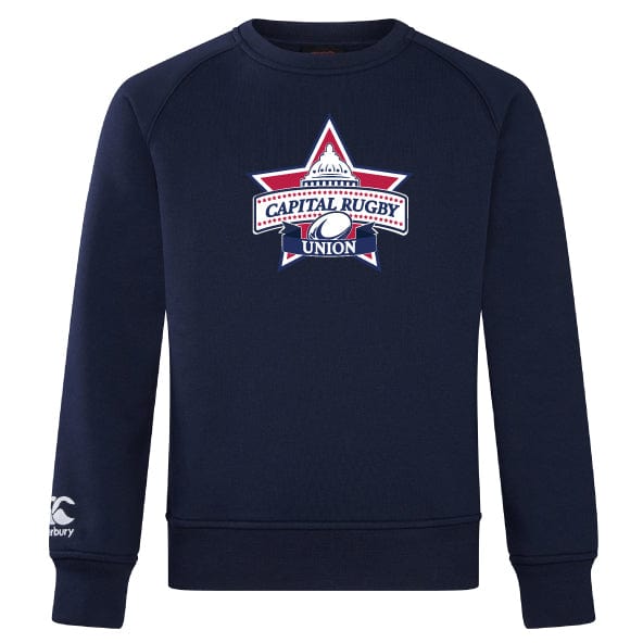 Canterbury's navy blue WRS Capital Selects Club Crew Sweatshirt showcases a 'Capital Rugby Union' logo on the front and an embroidered CCC logo on the sleeve for added style. This ultra-soft sweatshirt ensures comfort while showcasing your rugby spirit.