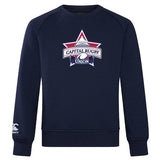 Canterbury's navy blue WRS Capital Selects Club Crew Sweatshirt showcases a 'Capital Rugby Union' logo on the front and an embroidered CCC logo on the sleeve for added style. This ultra-soft sweatshirt ensures comfort while showcasing your rugby spirit.