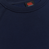 A close up of a Canterbury Club Crew Sweatshirt in blue.