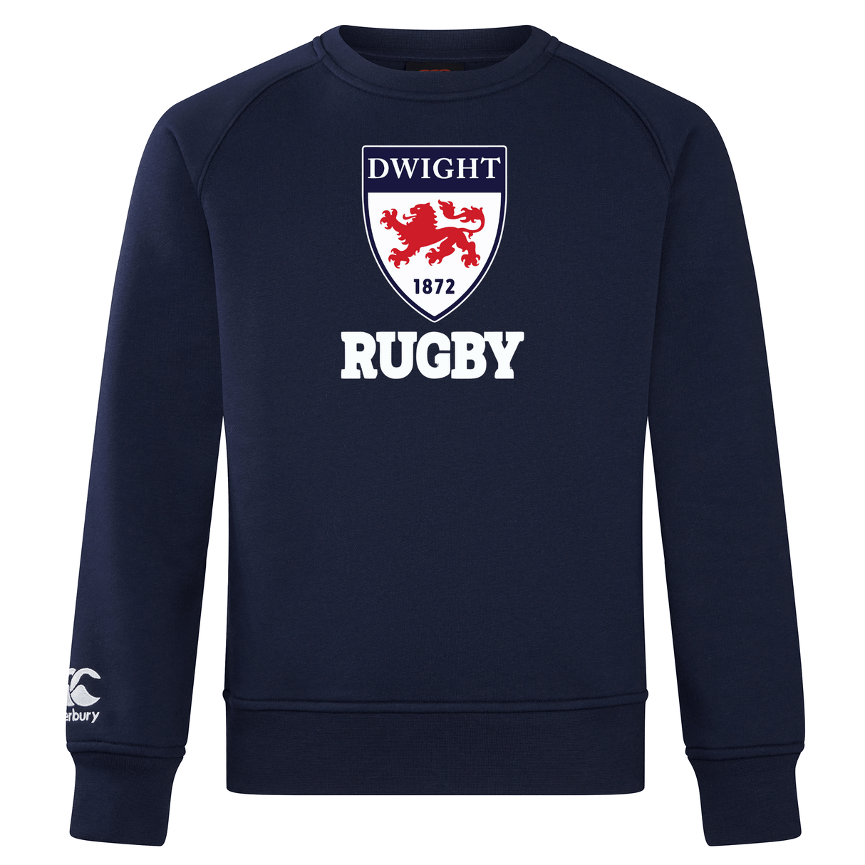Navy blue Dwight Rugby Club Crew Sweatshirt by WRS Canterbury with the word "rugby" and "dwight 1872" around a red lion crest on the chest, and a Canterbury Club logo on the right sleeve.