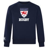 Navy blue Dwight Rugby Club Crew Sweatshirt by WRS Canterbury with the word "rugby" and "dwight 1872" around a red lion crest on the chest, and a Canterbury Club logo on the right sleeve.