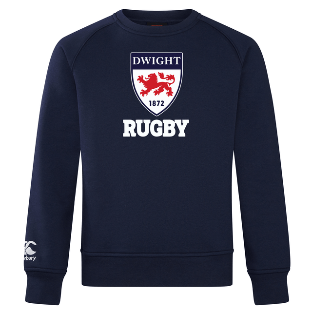Navy blue Dwight Rugby Club Crew Sweatshirt by WRS Canterbury with the word "rugby" and "dwight 1872" around a red lion crest on the chest, and a Canterbury Club logo on the right sleeve.
