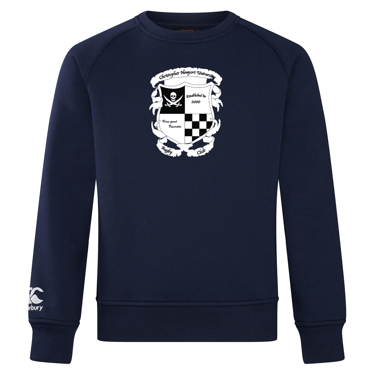 The Rugby Football Club at Christopher Newport University Club Crew Sweatshirt by WRS Canterbury in navy blue boasts ultra-soft fabric and a white emblem on the front, featuring a shield, text, and decorative elements. An embroidered logo on the sleeve enhances its cozy appeal with a distinctive touch.