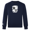 The Rugby Football Club at Christopher Newport University Club Crew Sweatshirt by WRS Canterbury in navy blue boasts ultra-soft fabric and a white emblem on the front, featuring a shield, text, and decorative elements. An embroidered logo on the sleeve enhances its cozy appeal with a distinctive touch.