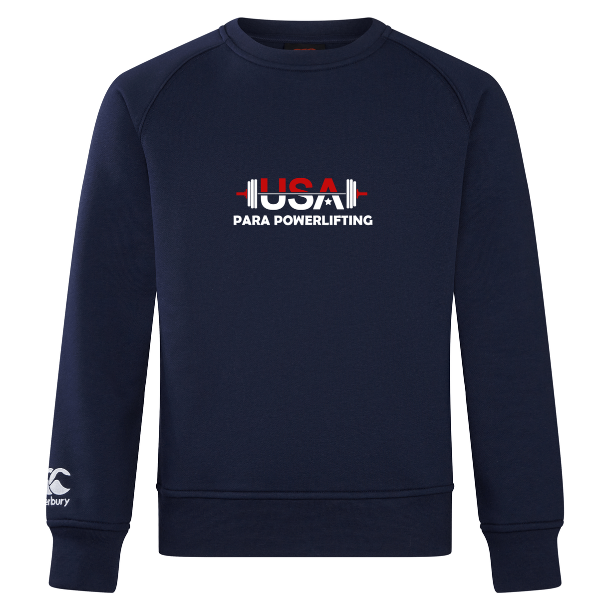 The USA Para Powerlifting Club Crew Sweatshirt by WRS Canterbury features “USA PARA POWERLIFTING” and a barbell graphic on navy blue, with a CCC logo on the sleeve in classic Canterbury style.
