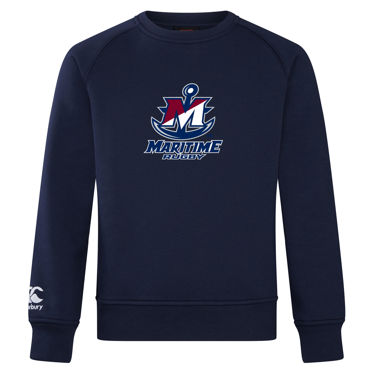 Ultra soft navy blue SUNY Maritime Men’s Rugby Club Crew Sweatshirt by Canterbury featuring a “Maritime Rugby” logo with an anchor and letter M on the chest.