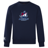 Ultra soft navy blue SUNY Maritime Men’s Rugby Club Crew Sweatshirt by Canterbury featuring a “Maritime Rugby” logo with an anchor and letter M on the chest.