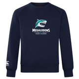 The NC Rugby Academy - Megalodons Club Crew Sweatshirt by WRS Canterbury is a navy ultra-soft sweatshirt featuring a cartoon shark and "Megalodons NC Rugby Academy" on the front, plus an embroidered CCC logo on the sleeve.
