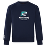 The NC Rugby Academy - Megalodons Club Crew Sweatshirt by WRS Canterbury is a navy ultra-soft sweatshirt featuring a cartoon shark and "Megalodons NC Rugby Academy" on the front, plus an embroidered CCC logo on the sleeve.