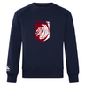 The Montgomery Bucks Griffins Club Crew Sweatshirt by WRS Canterbury is a navy blue embroidered sweatshirt with a red and white lion crest featuring "MBRFC" on the chest and a small Canterbury logo on the left sleeve.