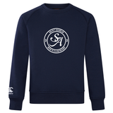 The Saint Anselm College Club Rugby Club Crew Sweatshirt by WRS Canterbury features a white "Saint Anselm Men's Club Rugby" chest logo and an embroidered CCC logo on the ultra soft navy blue left sleeve.