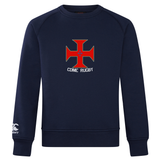 Introducing the SF CDME Rugby Club Crew Sweatshirt by Canterbury—a navy crewneck sweatshirt from WRS Canterbury. This ultra-soft piece features a distinctive red and white cross emblem and "CDME RUGBY" text on the chest, complemented by an embroidered CCC logo on the left sleeve. Part of the Canterbury Club Crew Sweatshirt collection, it offers both supreme comfort and timeless rugby style.
