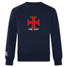 Introducing the SF CDME Rugby Club Crew Sweatshirt by Canterbury—a navy crewneck sweatshirt from WRS Canterbury. This ultra-soft piece features a distinctive red and white cross emblem and "CDME RUGBY" text on the chest, complemented by an embroidered CCC logo on the left sleeve. Part of the Canterbury Club Crew Sweatshirt collection, it offers both supreme comfort and timeless rugby style.