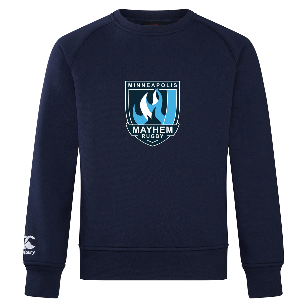 The Minneapolis Mayhem Rugby Club Crew Sweatshirt by Canterbury from WRS Canterbury features a navy blue ultra-soft sweatshirt fabric, a bold “Minneapolis Mayhem Rugby” logo across the chest, and an embroidered CCC logo on the left sleeve.