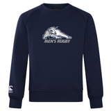 Navy blue University of New Hampshire Club Crew Sweatshirt by Canterbury featuring a crouching wildcat mascot and the text “MEN’S RUGBY” on the chest.