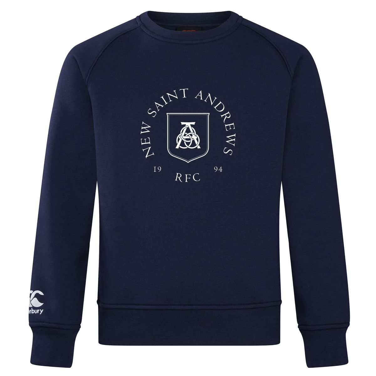 Introducing the New Saint Andrews College Club Crew Sweatshirt by Canterbury. This ultra-soft navy blue crewneck features bold white “New Saint Andrews RFC 1994” text and logo on the chest, along with an authentic embroidered CCC logo on the left sleeve for a signature WRS Canterbury touch—perfect for everyday comfort and style.