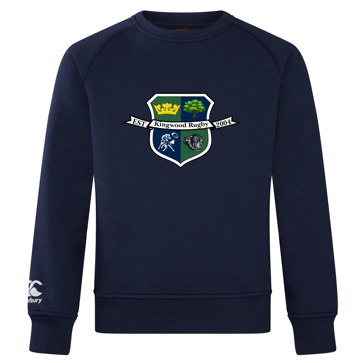 The Kingwood Rugby Club Crew Sweatshirt by Canterbury features a "Kingwood Rugby" crest with shield and banner, embroidered CCC logo on the left sleeve, and is made from ultra-soft fabric for comfort. Brand: WRS Canterbury.