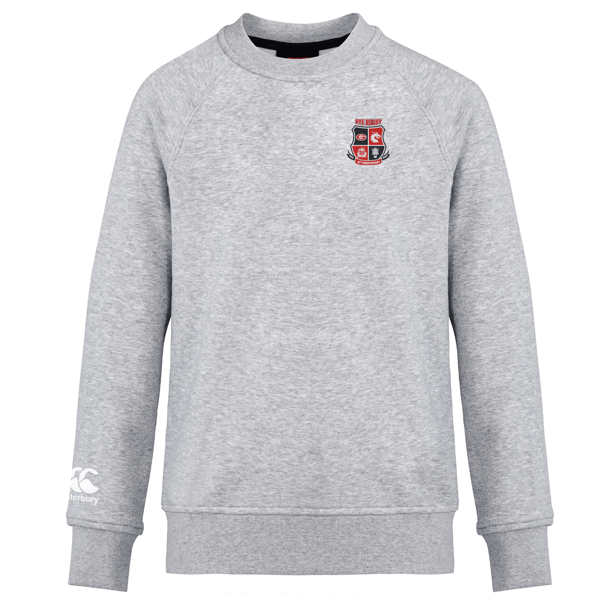 The Rye High School 10 Year Club Crew Sweatshirt by EMB Canterbury is an ultra-soft design in gray, featuring a small embroidered badge on the chest and an embroidered CCC logo on the sleeve.