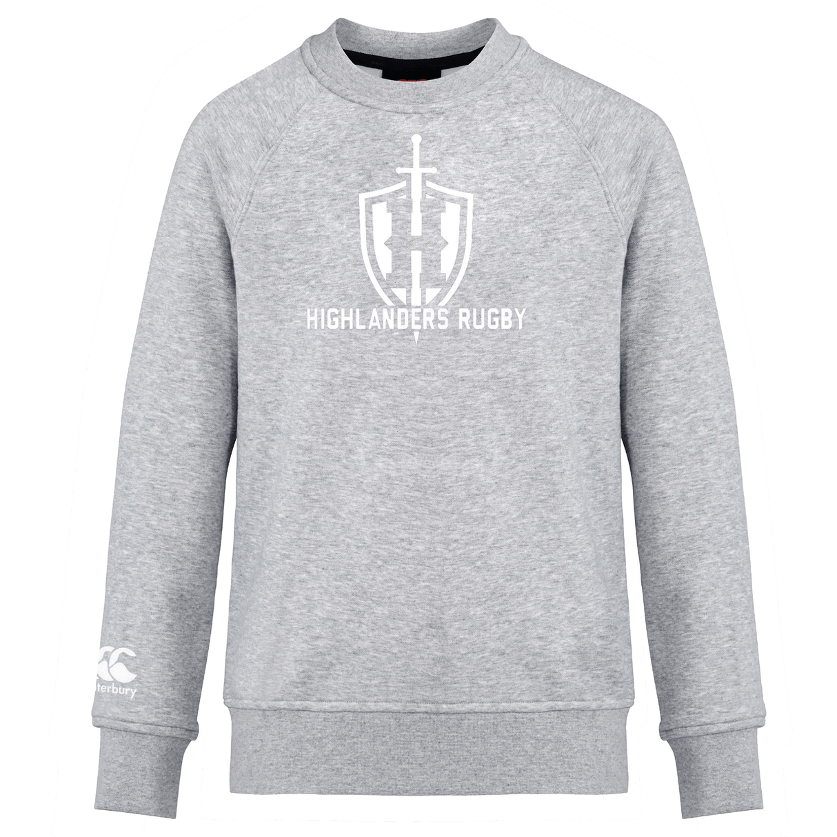 Highlanders Rugby NC Club Crew Sweatshirt by WRS Canterbury featuring a Highlanders Rugby logo with a sword and shield on the front, and an embroidered CCC logo on the sleeve.