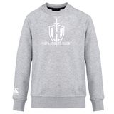 Highlanders Rugby NC Club Crew Sweatshirt by WRS Canterbury featuring a Highlanders Rugby logo with a sword and shield on the front, and an embroidered CCC logo on the sleeve.
