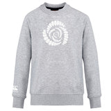 Light grey Missoula All-Maggots Club Crew Sweatshirt by Canterbury featuring a white spiral shell graphic on the chest and a small white WRS Canterbury logo on the left sleeve. This ultra-soft sweatshirt combines comfort and style, making it perfect for everyday wear.