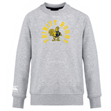 The Trinity College Club Crew Sweatshirt by WRS Canterbury is an ultra-soft gray sweatshirt featuring a yellow and blue "Trinity Rugby" logo with a central rooster illustration. It also includes an embroidered CCC logo, offering both comfort and style for rugby enthusiasts.