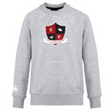 Discover the ultra-soft Southern Pines Youth Rugby Club Crew Sweatshirt by WRS Canterbury, featuring a gray design with an embroidered CCC logo and a red and black shield insignia boasting "SP" and "Southern Pines Youth Rugby" text for unmatched comfort and spirited style.
