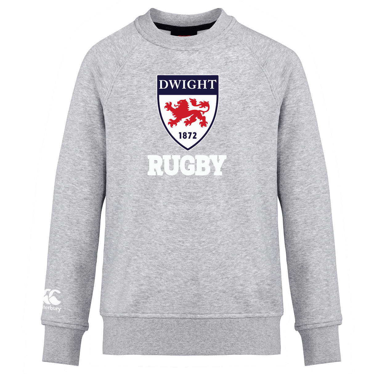 Grey long-sleeve crew sweatshirt with "Dwight 1872 rugby" text and a red crest featuring a lion.
- Dwight Rugby Club Crew Sweatshirt by WRS Canterbury