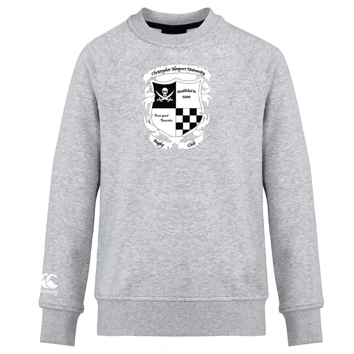 Gray crewneck WRS Canterbury Canterbury Club sweatshirt with a black and white graphic crest on the front and a logo on the left sleeve.