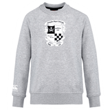 Gray crewneck WRS Canterbury Canterbury Club sweatshirt with a black and white graphic crest on the front and a logo on the left sleeve.