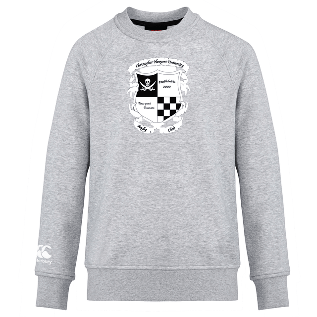 Gray crewneck WRS Canterbury Canterbury Club sweatshirt with a black and white graphic crest on the front and a logo on the left sleeve.