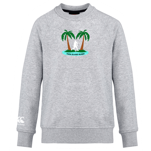 Gray crew sweatshirt featuring "Twin Island Rugby Club" and a palm tree graphic on the chest, with the WRS Canterbury logo on the left sleeve.