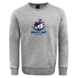 Grey SUNY Maritime Men’s Rugby Club Crew Sweatshirt by Canterbury featuring a navy and maroon anchor and “M” logo with “MARITIME RUGBY” printed below.