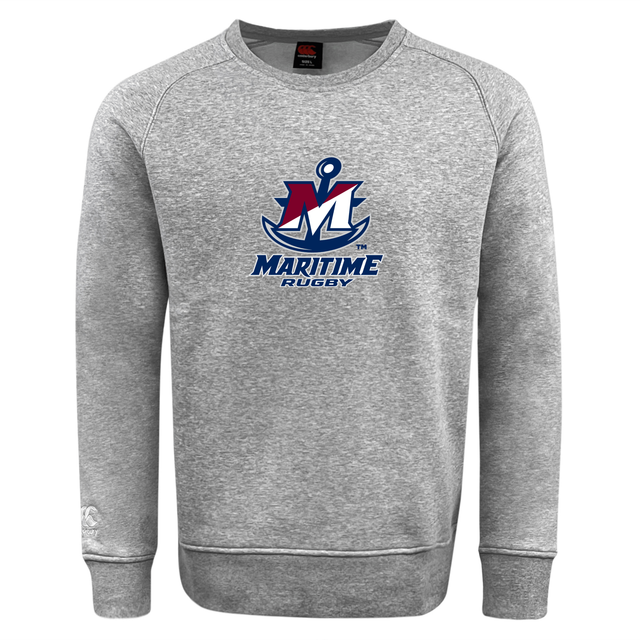 Grey SUNY Maritime Men’s Rugby Club Crew Sweatshirt by Canterbury featuring a navy and maroon anchor and “M” logo with “MARITIME RUGBY” printed below.