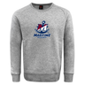 Grey SUNY Maritime Men’s Rugby Club Crew Sweatshirt by Canterbury featuring a navy and maroon anchor and “M” logo with “MARITIME RUGBY” printed below.
