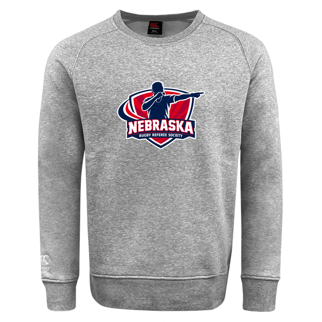 The Nebraska Rugby Referee Society Club Crew Sweatshirt by Canterbury features a referee silhouette and logo with red, white, and blue accents, plus an embroidered CCC logo for premium comfort from WRS Canterbury.