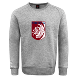 The Montgomery Bucks Griffins Club Crew Sweatshirt by WRS Canterbury in grey features an ultra-soft feel and an embroidered maroon and white lion crest with "MBRFC" on the front.