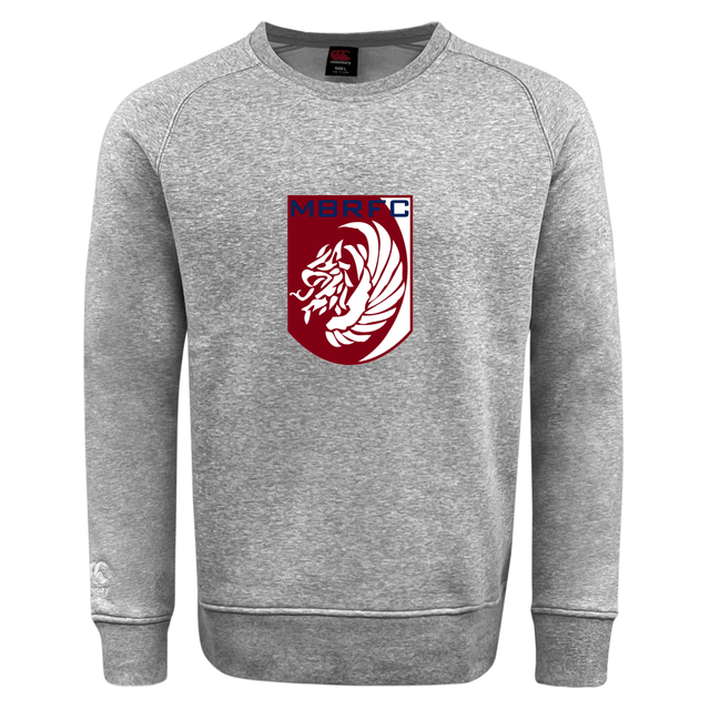The Montgomery Bucks Griffins Club Crew Sweatshirt by WRS Canterbury in grey features an ultra-soft feel and an embroidered maroon and white lion crest with "MBRFC" on the front.
