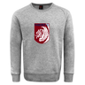 The Montgomery Bucks Griffins Club Crew Sweatshirt by WRS Canterbury in grey features an ultra-soft feel and an embroidered maroon and white lion crest with "MBRFC" on the front.